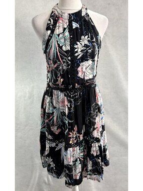 JAASE Women Floral Sleeveless Halter Low Back Dress Sz L Black Boho 9-25